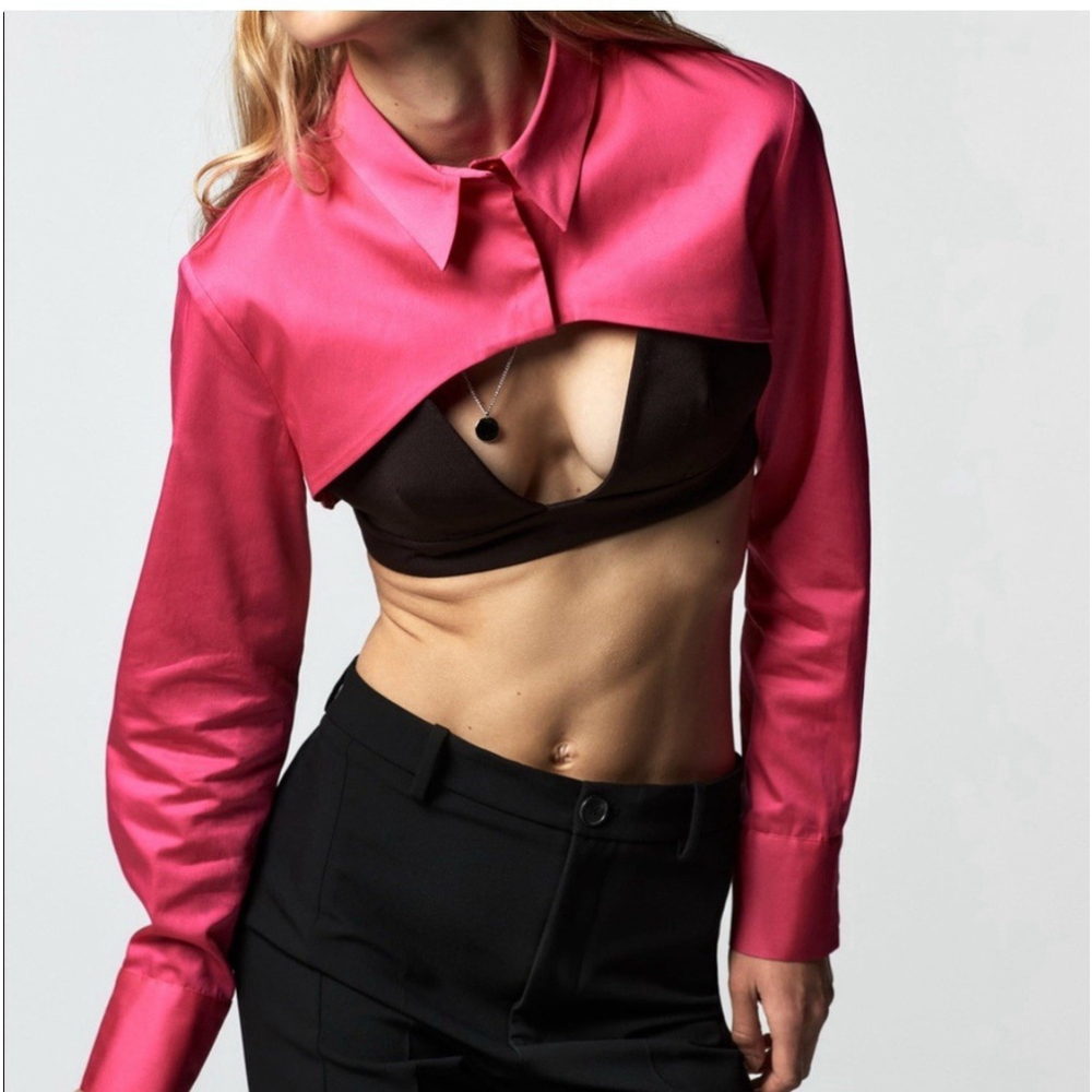 ZARA NWT POPLIN LONG SLEEVES CROP TOP FUCHSIA Shirt 4886/253 M